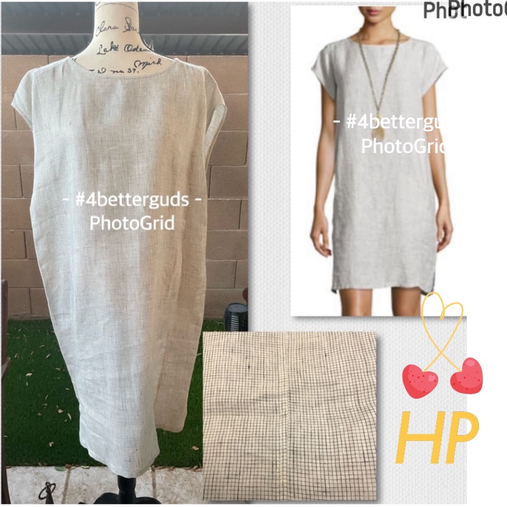 Eileen Fisher Organic Linen Slub Gingham Check Pockets Oversized Shift Dress S/P